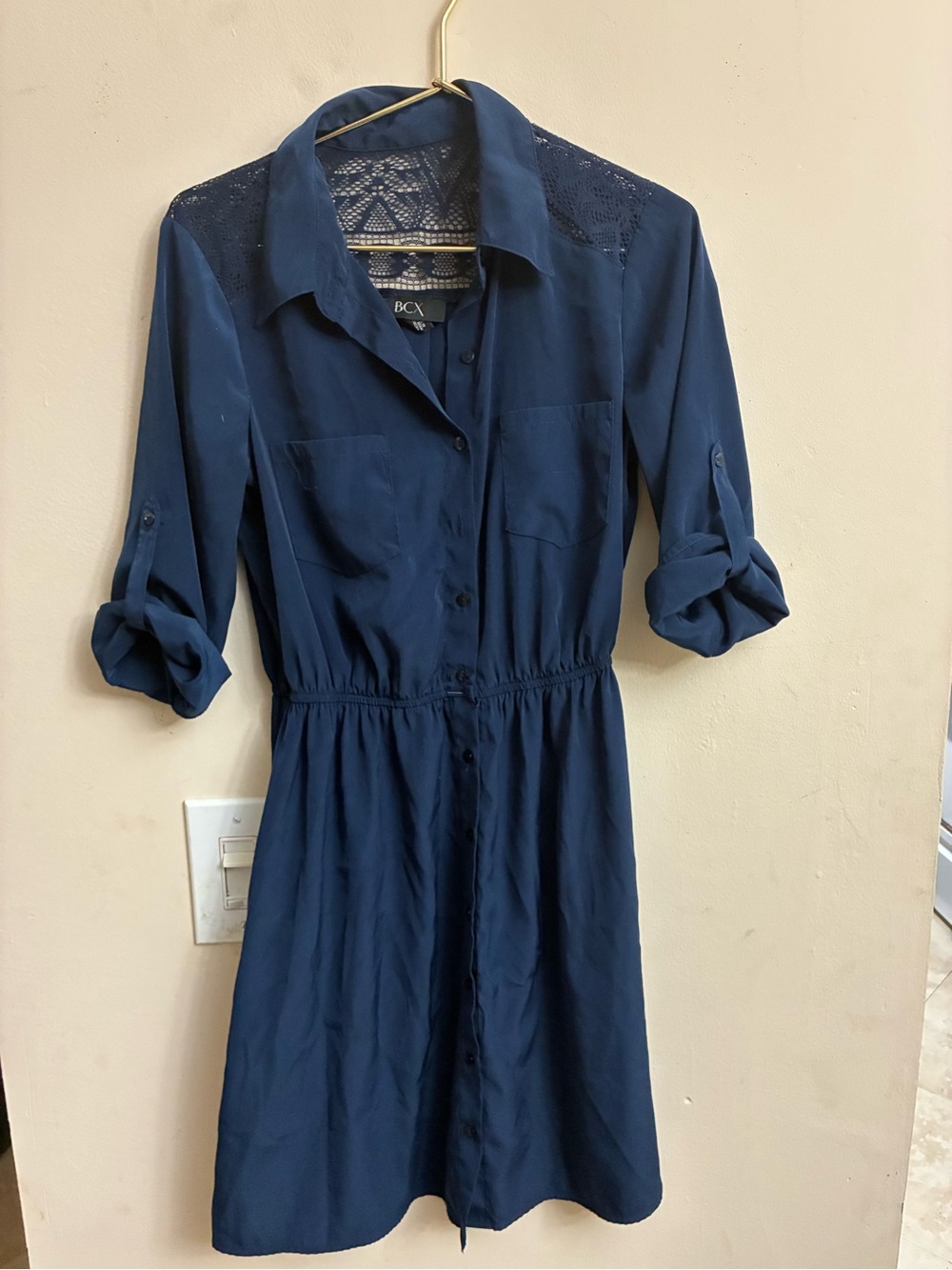 BCX Navy Blue Lace-Yoke Button-Front Shirtdress – Size S